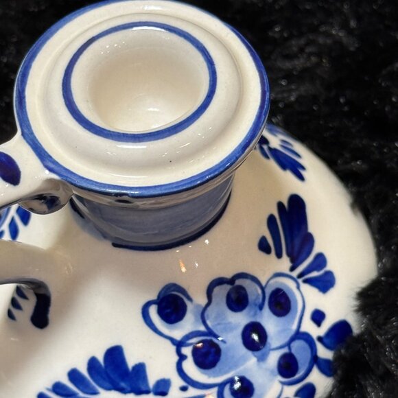Delft  Blue Hand-Painted Ceramic Blue & White Candle Holder With Handle - Picture 2 of 7